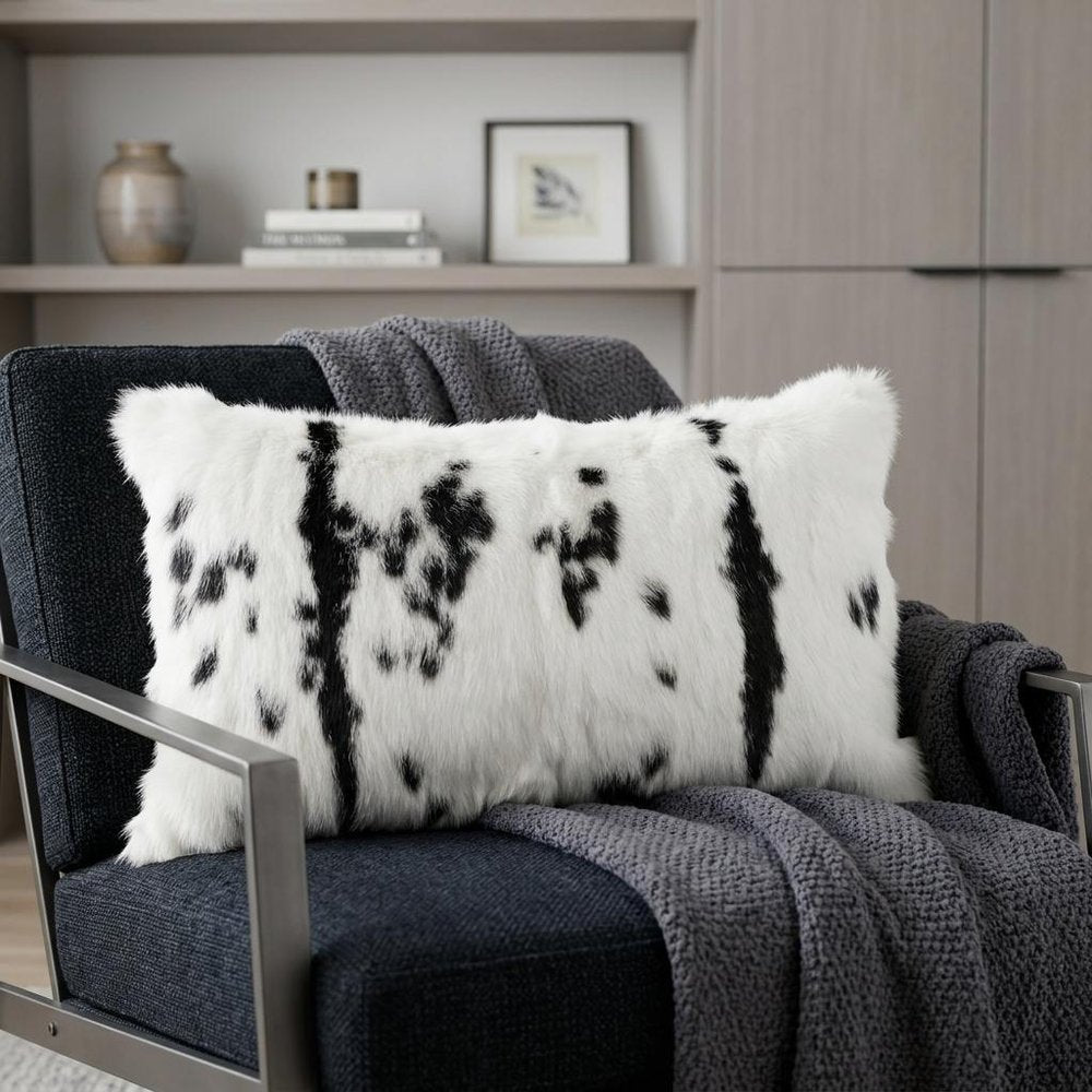 12" X 20" Black And White Rabbit Zippered Natural Fur Animal Print Throw Pillow