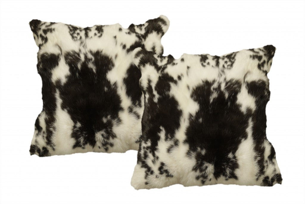 Set of Two 18" Black and White Rabbit Natural Fur Throw Pillow