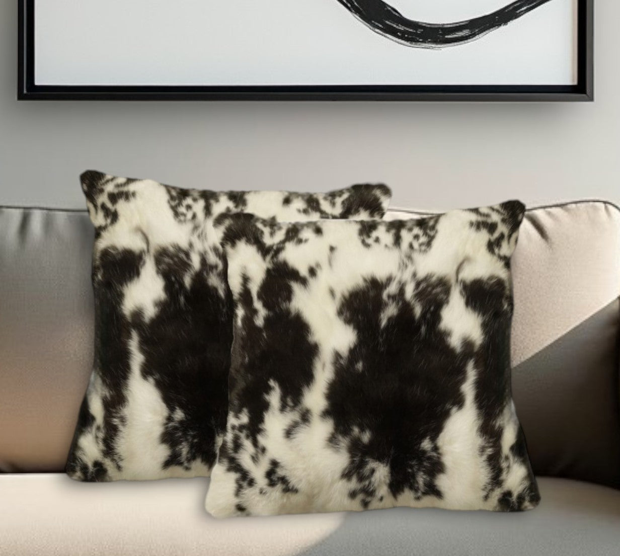 Set of Two 18" Black and White Rabbit Natural Fur Throw Pillow