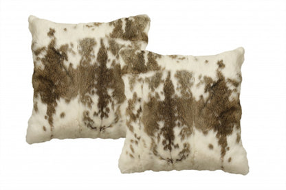 18" X 18" Brown and White Rabbit Animal Print Natural Fur Zippered Pillow