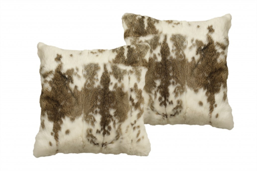 18" X 18" Brown and White Rabbit Animal Print Natural Fur Zippered Pillow