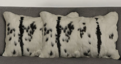 Set Of Two 12" X 20" Black And White Rabbit Zippered Natural Fur Animal Print Throw Pillows