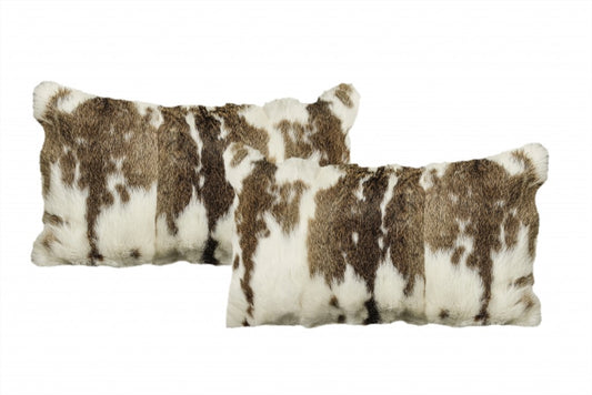 Set of Two 12" X 20" Brown and White Rabbit Natural Fur Throw Pillow