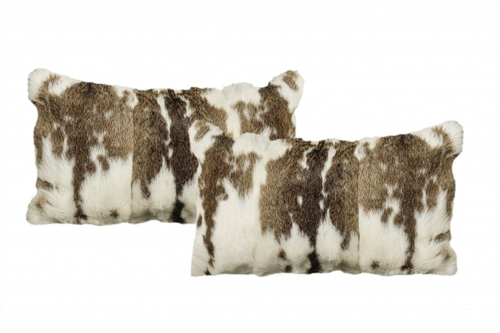 Set of Two 12" X 20" Brown and White Throw Pillows