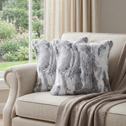 Set Of Two 18" Grey Rabbit Natural Fur Throw Pillows