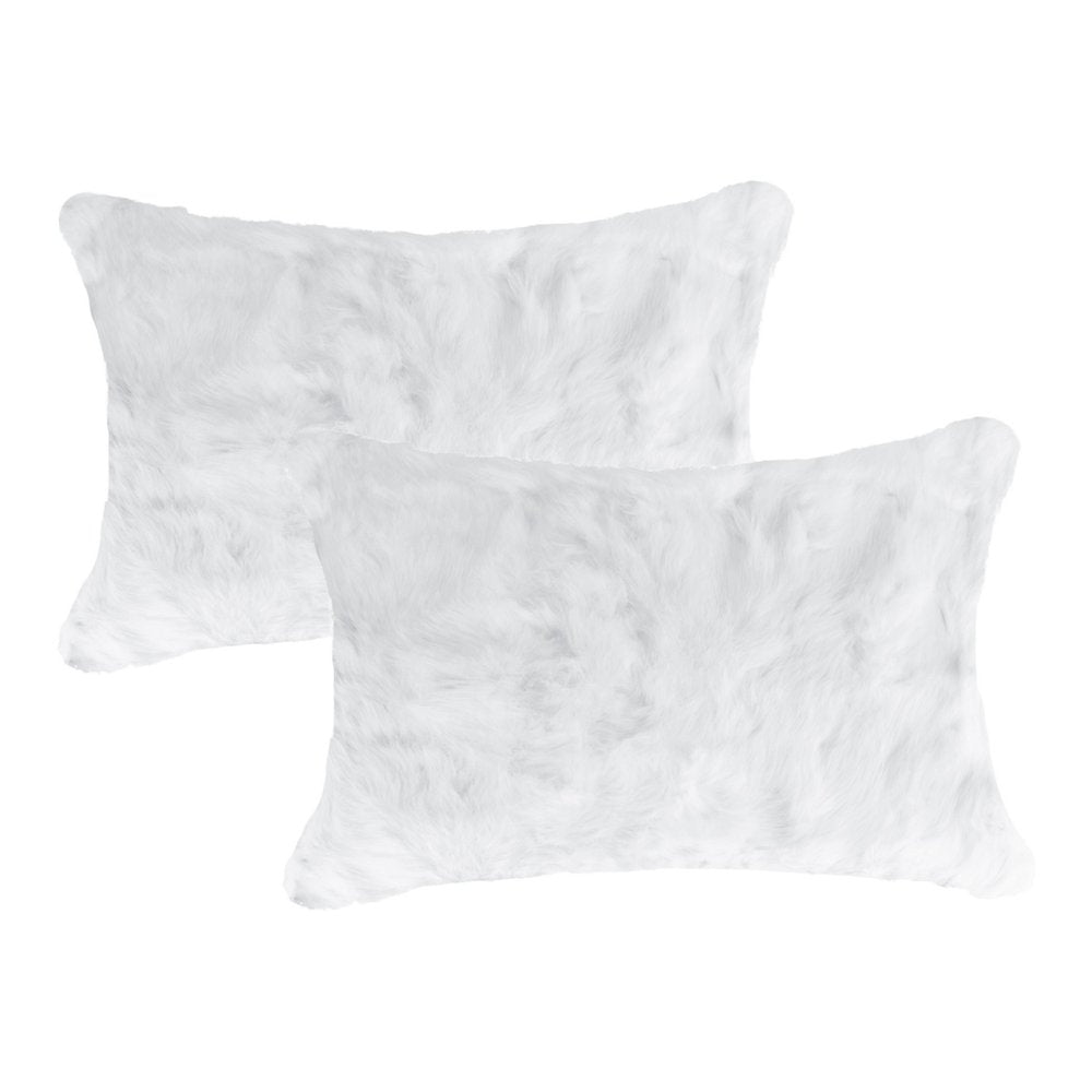 Set of Two 12" X 20" White Natural Fur Throw Pillows