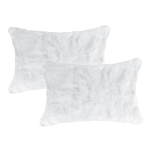 Set of Two 12" X 20" White Natural Fur Throw Pillows