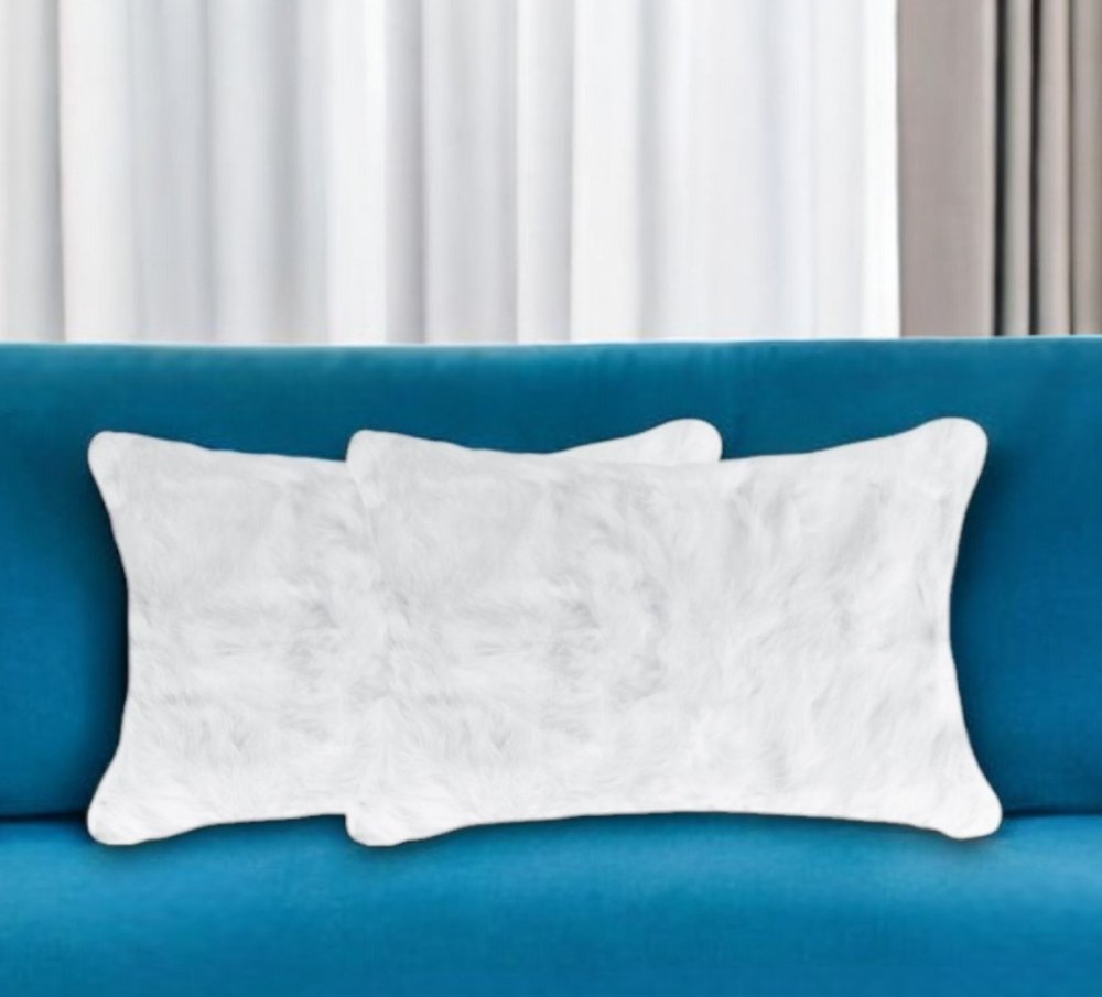 Set of Two 12" X 20" White Natural Fur Throw Pillows