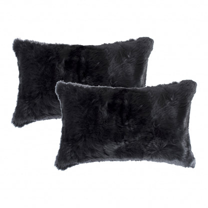 Set of Two 12" X 20" Black Rabbit Natural Fur Throw Pillow