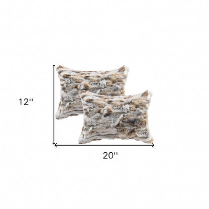 Set of Two 12" X 20" Tan and White Rabbit Natural Fur Throw Pillow