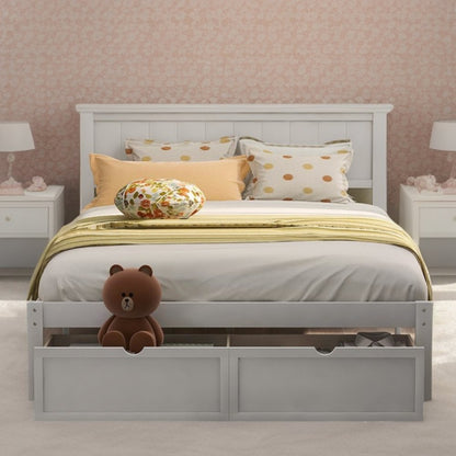 White Ribbed Texture Wood Full With Two Drawers Bed Frame