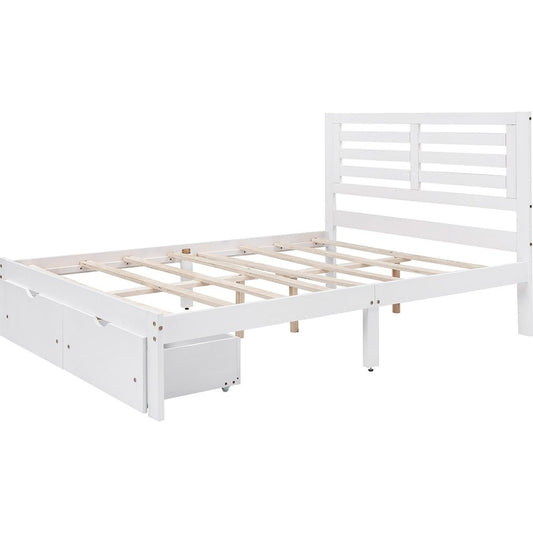 White Wood Full With Two Drawers Bed Frame