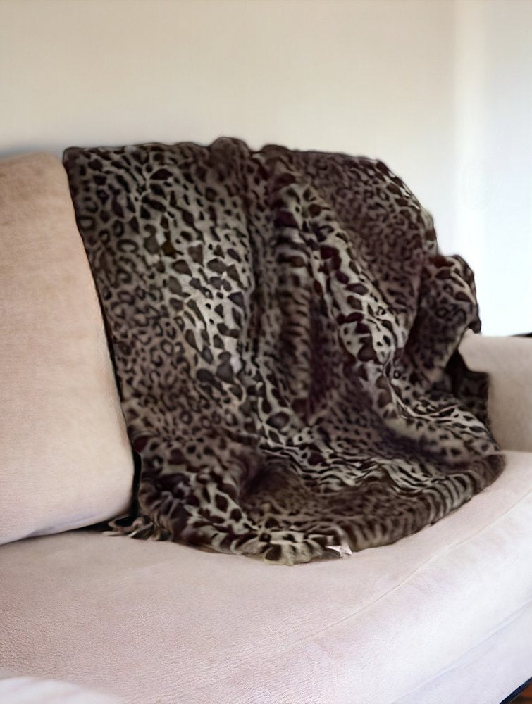 50" X 60" Black Brown And Beige Leopard Faux Fur Plush Throw Blanket