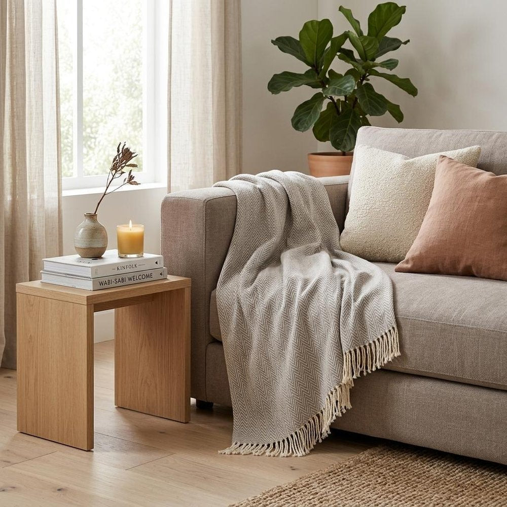 70" X 55" Gray And White Herringbone Cotton Blend Woven Throw Blanket with Tassels