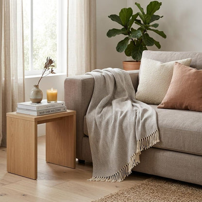 70" X 55" Gray And White Herringbone Cotton Blend Woven Throw Blanket with Tassels