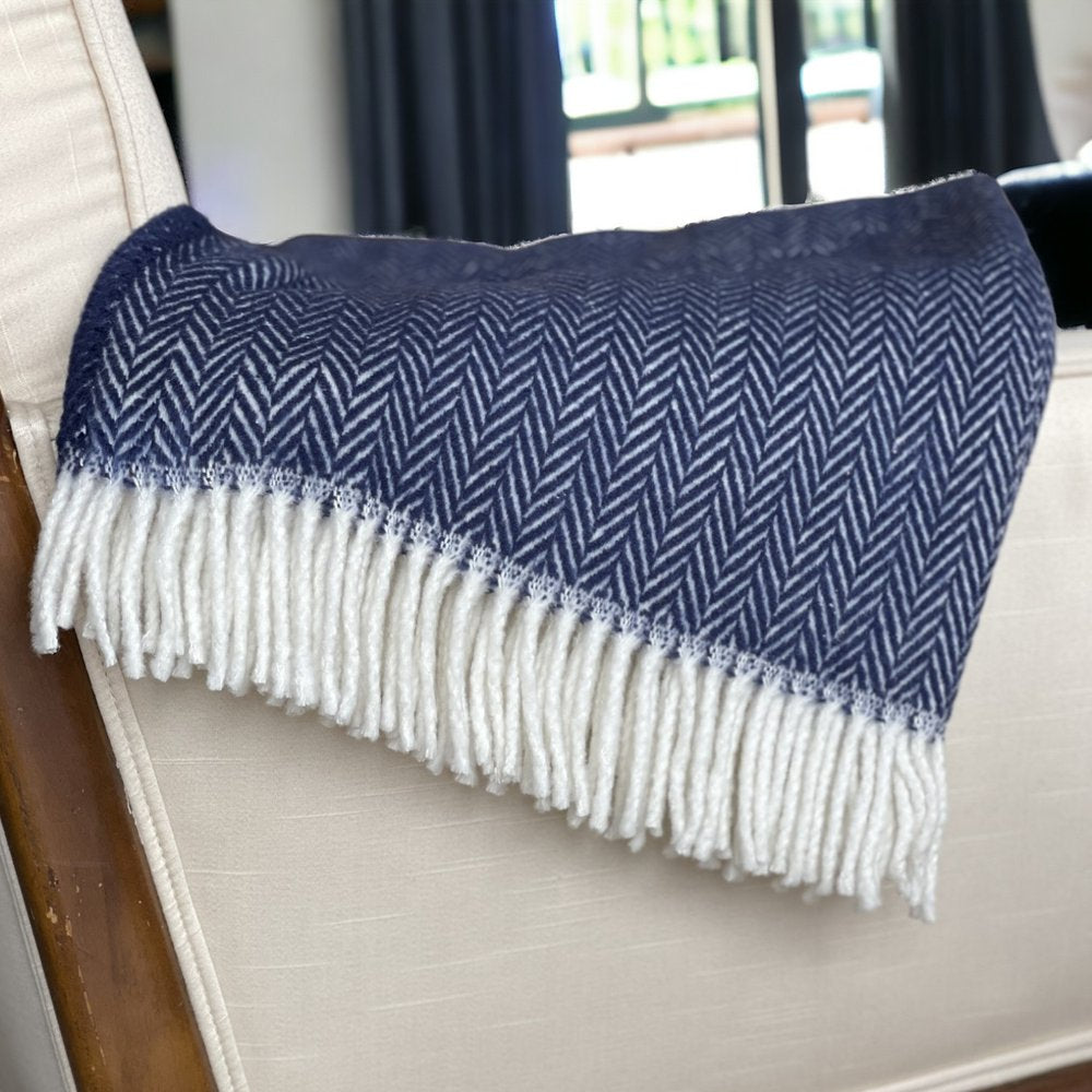 70" X 55" Navy Blue And White Cotton Blend Woven Herringbone Plush Throw Blanket with Tassels