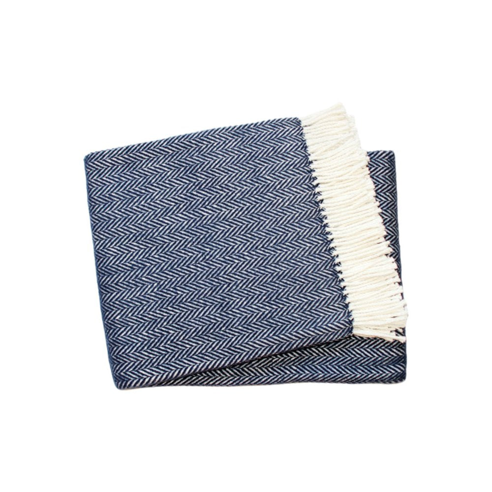 70" X 55" Navy Blue And White Cotton Blend Woven Herringbone Plush Throw Blanket with Tassels