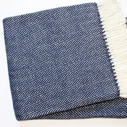 70" X 55" Navy Blue And White Cotton Blend Woven Herringbone Plush Throw Blanket with Tassels