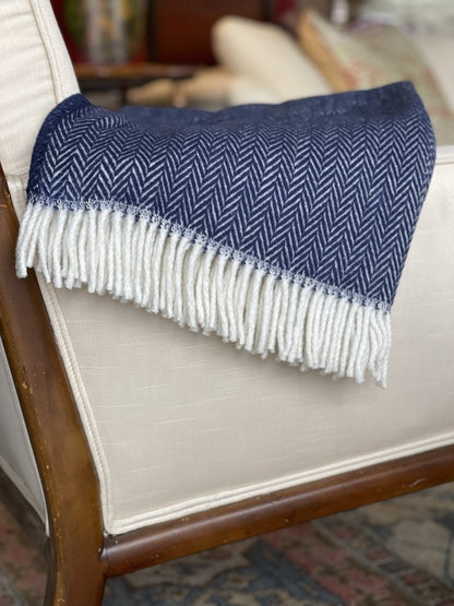 70" X 55" Navy Blue And White Cotton Blend Woven Herringbone Plush Throw Blanket with Tassels