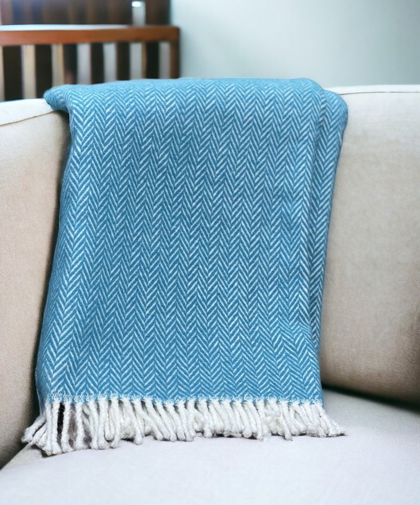 70" X 55" Teal Blue And White Cotton Blend Woven Herringbone Plush Throw Blanket with Tassels