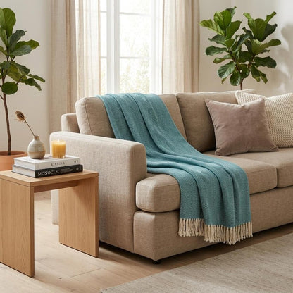 70" X 55" Teal Blue And White Cotton Blend Woven Herringbone Plush Throw Blanket with Tassels