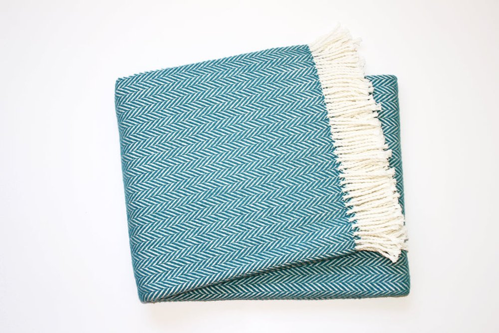 70" X 55" Teal Blue And White Cotton Blend Woven Herringbone Plush Throw Blanket with Tassels