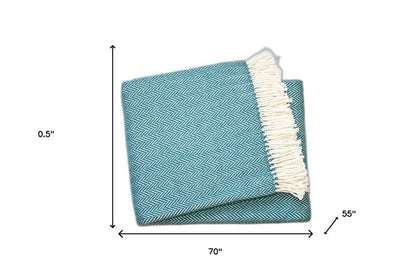 70" X 55" Teal Blue And White Cotton Blend Woven Herringbone Plush Throw Blanket with Tassels