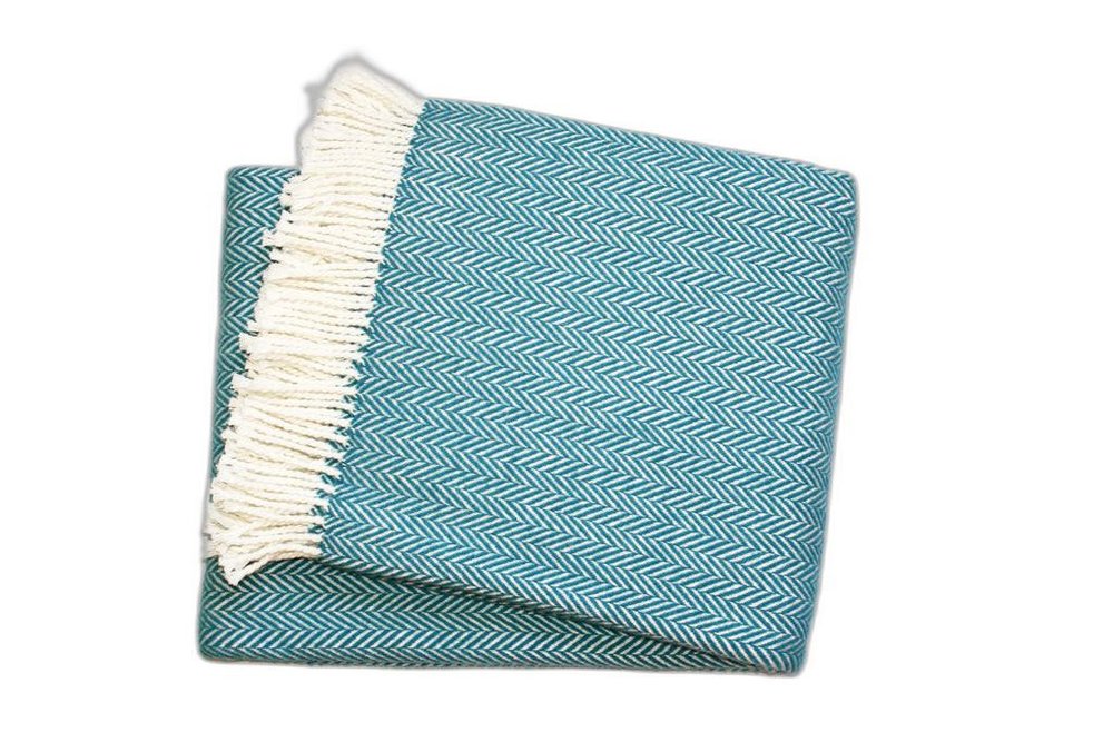 70" X 55" Teal Blue And White Cotton Blend Woven Herringbone Plush Throw Blanket with Tassels