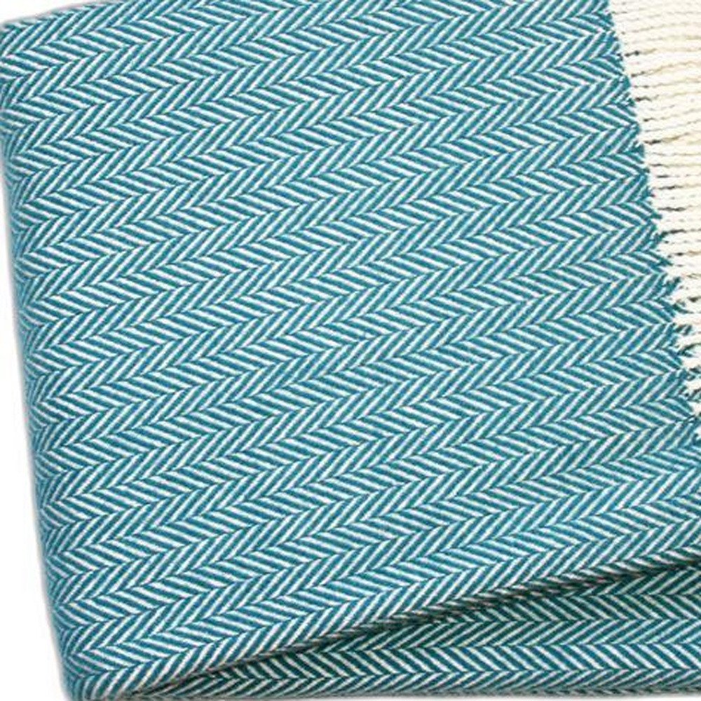 70" X 55" Teal Blue And White Cotton Blend Woven Herringbone Plush Throw Blanket with Tassels