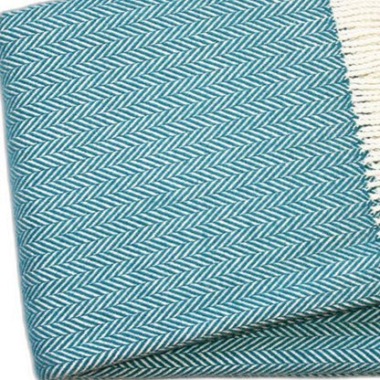 70" X 55" Teal Blue And White Cotton Blend Woven Herringbone Plush Throw Blanket with Tassels