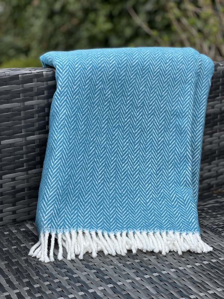 70" X 55" Teal Blue And White Cotton Blend Woven Herringbone Plush Throw Blanket with Tassels