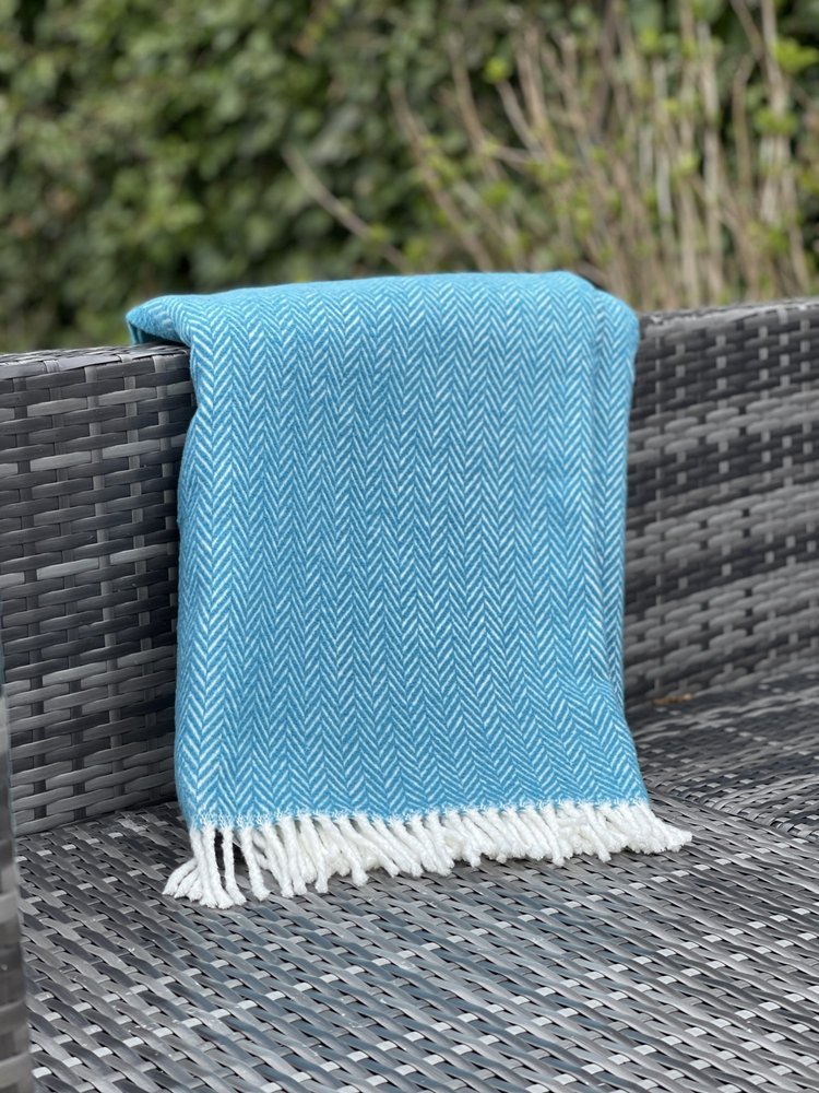 70" X 55" Teal Blue And White Cotton Blend Woven Herringbone Plush Throw Blanket with Tassels