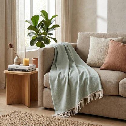 55" X 70" Sage and Ivory Woven Cotton Herringbone Plush Throw Blanket