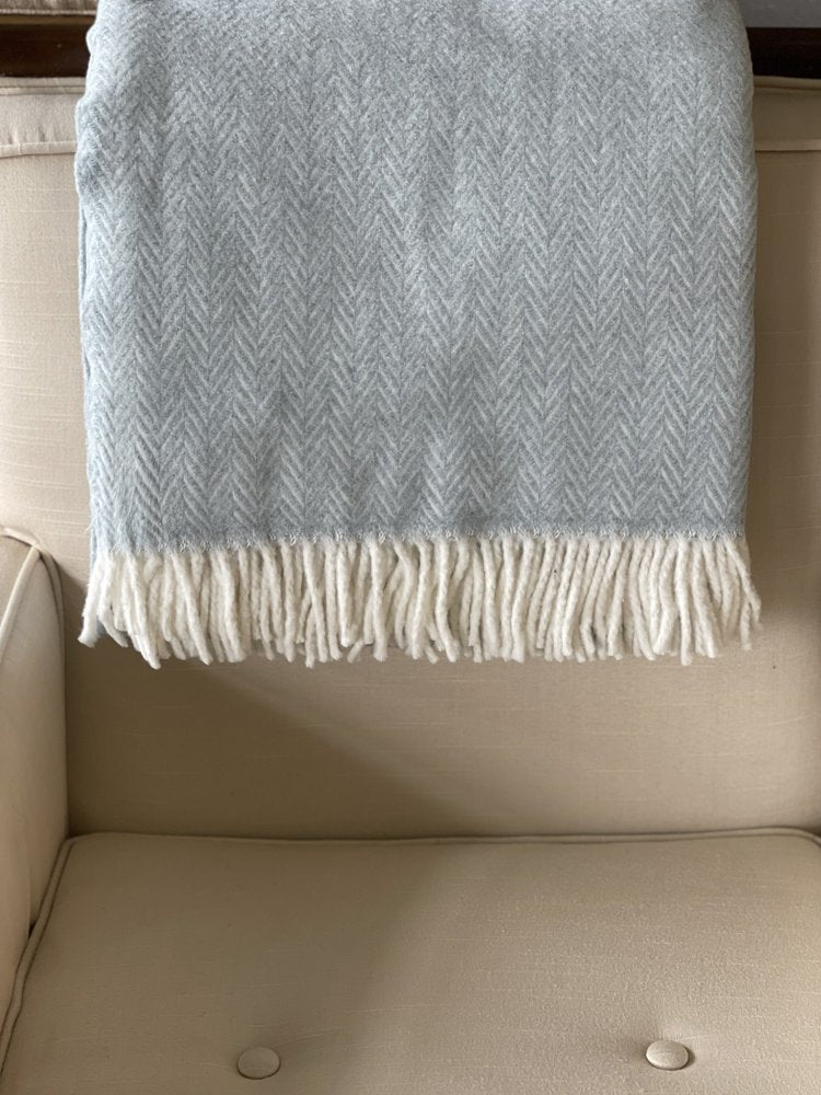 70" X 55" Sky Blue And White Cotton Blend Woven Herringbone Plush Throw Blanket with Tassels