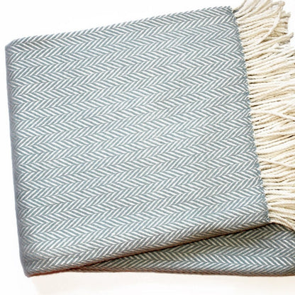 70" X 55" Sky Blue And White Cotton Blend Woven Herringbone Plush Throw Blanket with Tassels