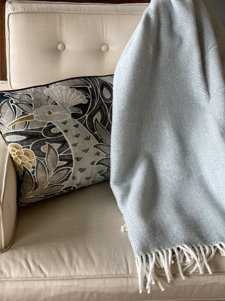 70" X 55" Sky Blue And White Cotton Blend Woven Herringbone Plush Throw Blanket with Tassels