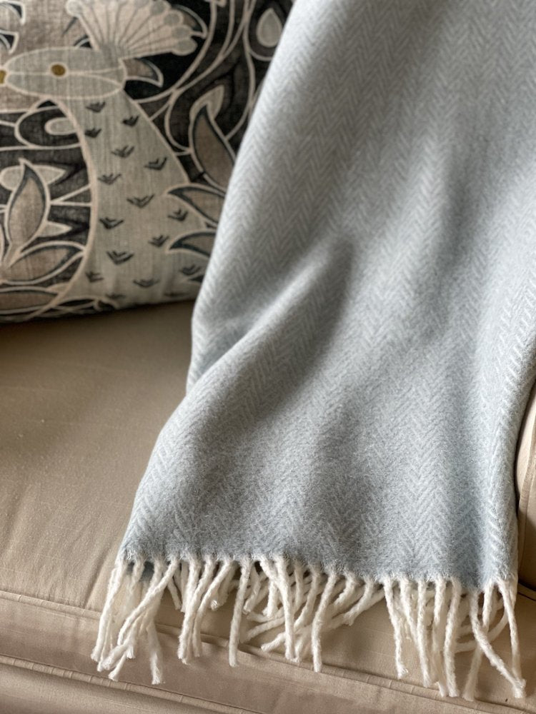 70" X 55" Sky Blue And White Cotton Blend Woven Herringbone Plush Throw Blanket with Tassels