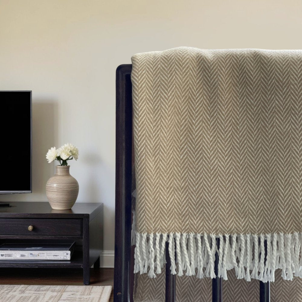 70" X 55" Copper And White Cotton Blend Woven Herringbone Plush Throw Blanket with Tassels