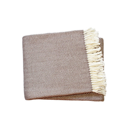 70" X 55" Brown And White Cotton Blend Woven Herringbone Plush Throw Blanket with Tassels
