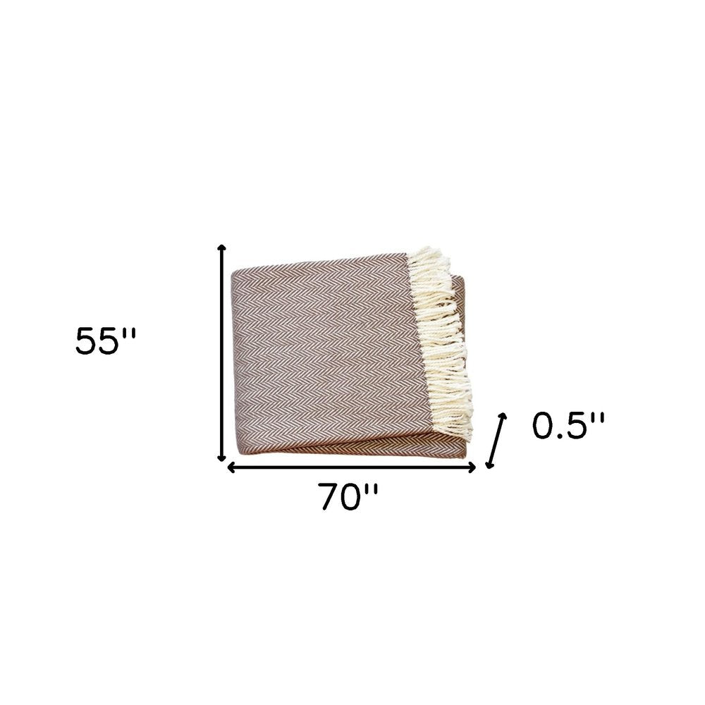 70" X 55" Brown And White Cotton Blend Woven Herringbone Plush Throw Blanket with Tassels