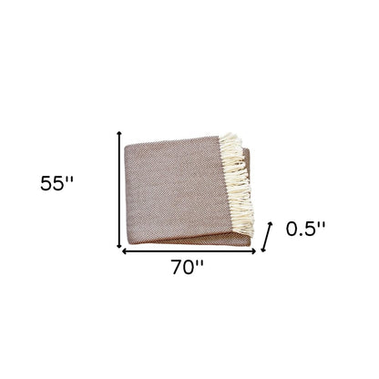 70" X 55" Brown And White Cotton Blend Woven Herringbone Plush Throw Blanket with Tassels