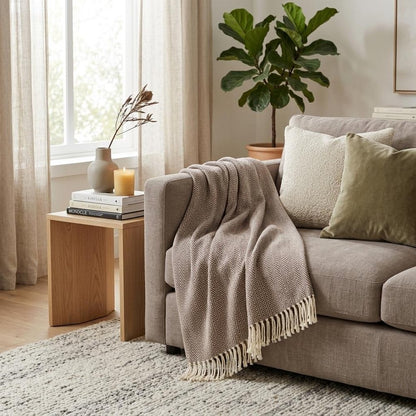 70" X 55" Brown And White Cotton Blend Woven Herringbone Plush Throw Blanket with Tassels