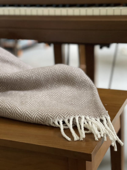 70" X 55" Brown And White Cotton Blend Woven Herringbone Plush Throw Blanket with Tassels