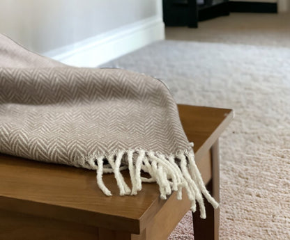 70" X 55" Brown And White Cotton Blend Woven Herringbone Plush Throw Blanket with Tassels