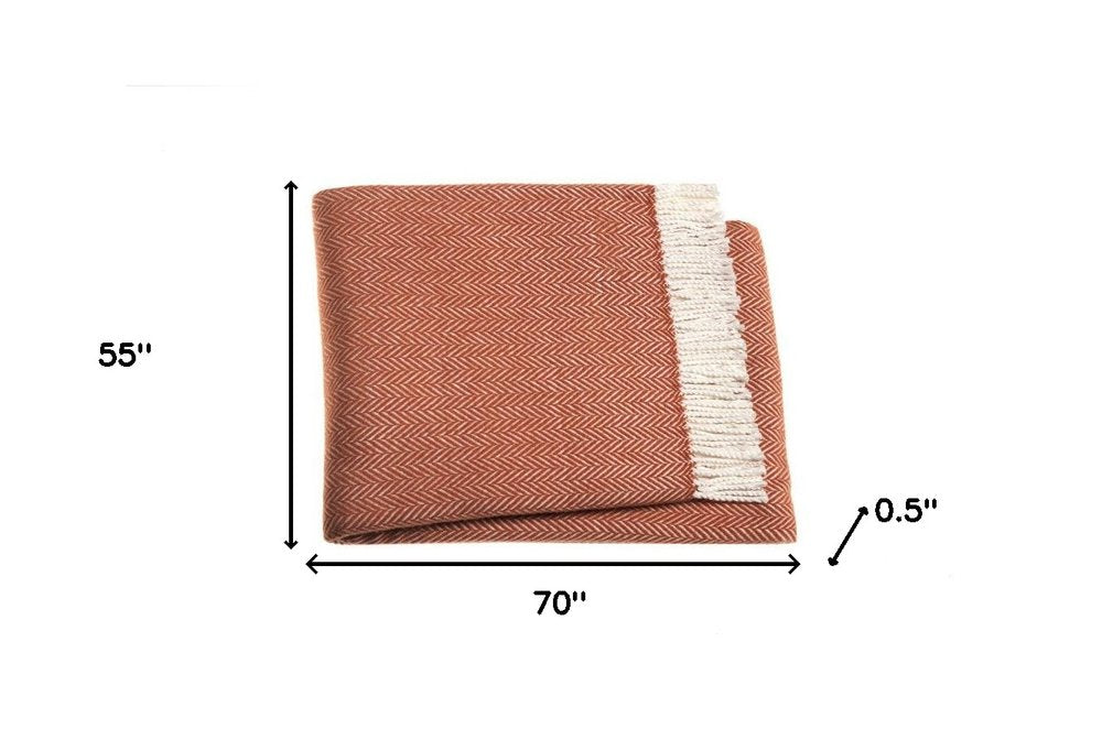 70" X 55" Orange And White Cotton Blend Woven Herringbone Plush Throw Blanket with Tassels