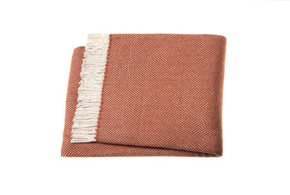 70" X 55" Orange And White Cotton Blend Woven Herringbone Plush Throw Blanket with Tassels