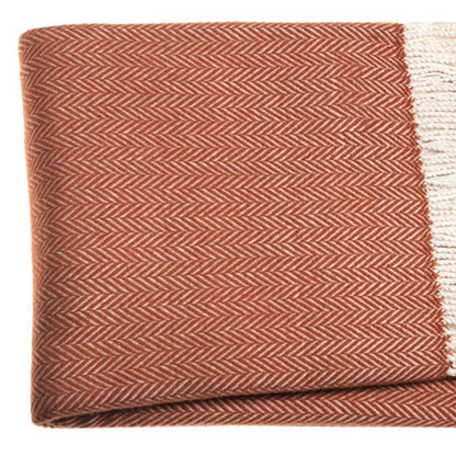 70" X 55" Orange And White Cotton Blend Woven Herringbone Plush Throw Blanket with Tassels