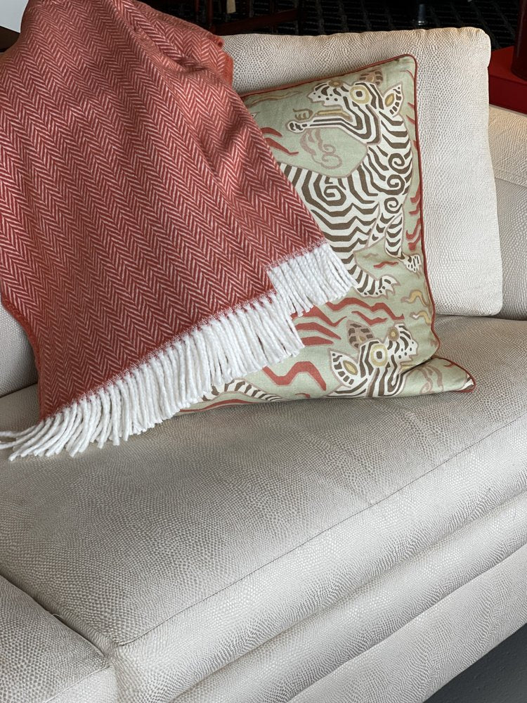 70" X 55" Orange And White Cotton Blend Woven Herringbone Plush Throw Blanket with Tassels