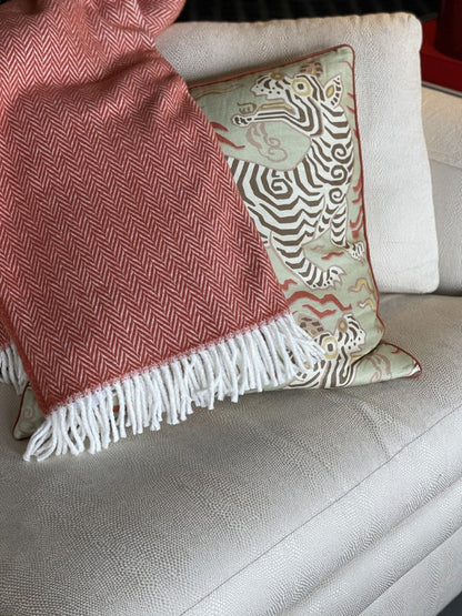 70" X 55" Orange And White Cotton Blend Woven Herringbone Plush Throw Blanket with Tassels