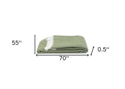55" X 70" Moss Green And White Cotton Blend Woven Herringbone Plush Throw Blanket with Tassels